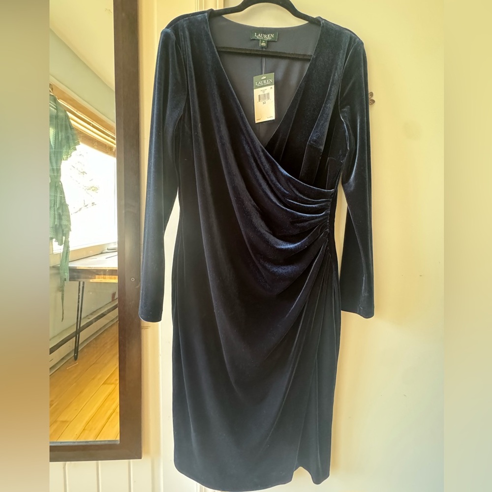 Ralph Lauren Velvet Midi Cocktail Dress Navy